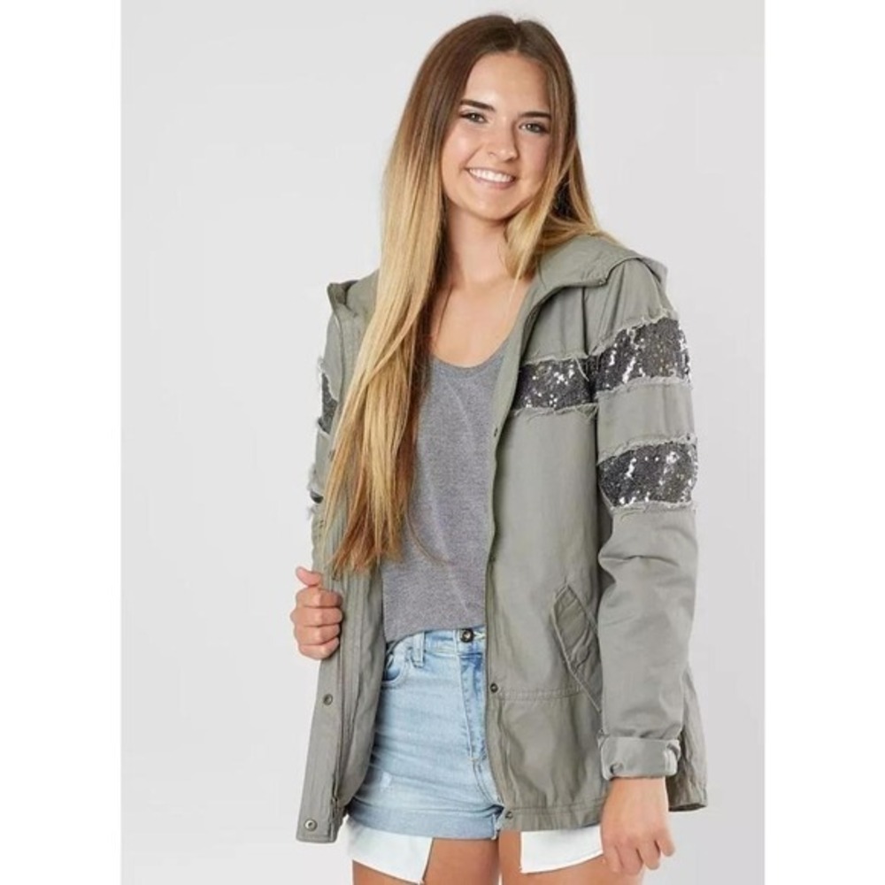 COFFEE‎ SHOP Sequins Hooded Jacket Utility Cargo Pockets Zip-Up  Moto Sz Small